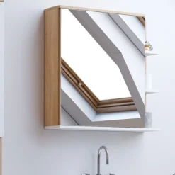 Meuble de rangement suspendu avec miroir et étagères pour salle de bain façon hêtre et blanc