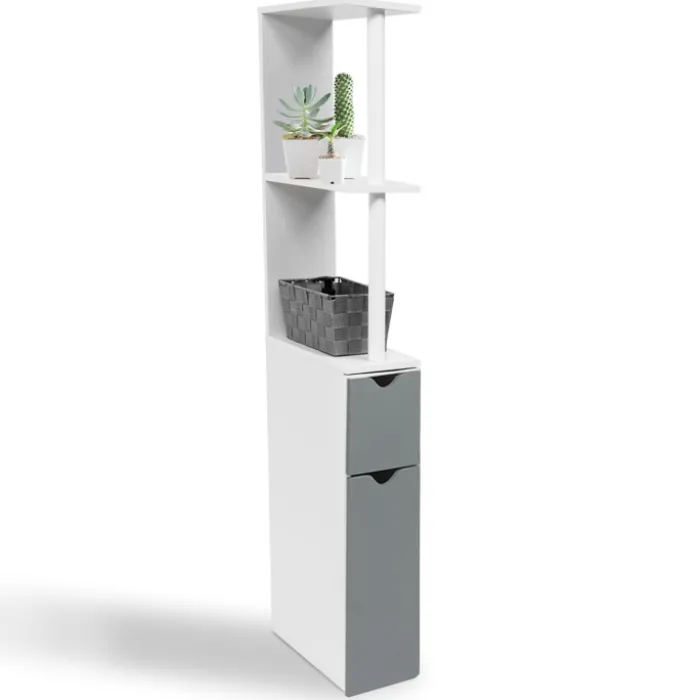 Meuble de toilette blanc et gris avec étagères
