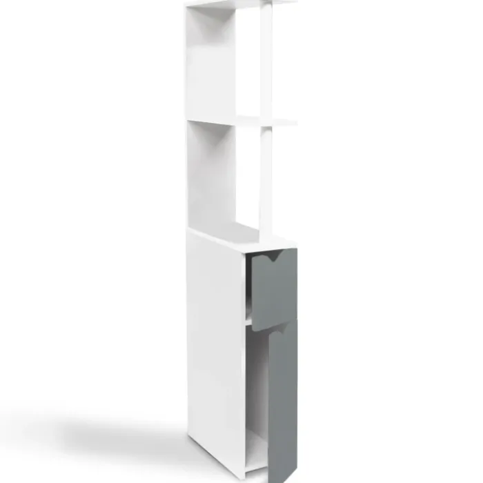 Meuble de toilette blanc et gris avec étagères