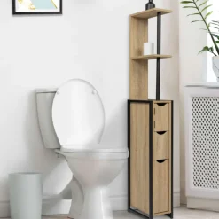 Meuble de toilette industriel bois et métal noir 3 portes avec étagères