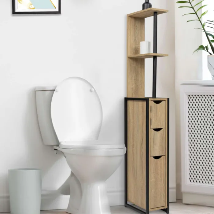 Meuble de toilette industriel bois et métal noir 3 portes avec étagères