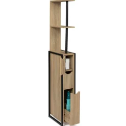 Meuble de toilette industriel bois et métal noir 3 portes avec étagères