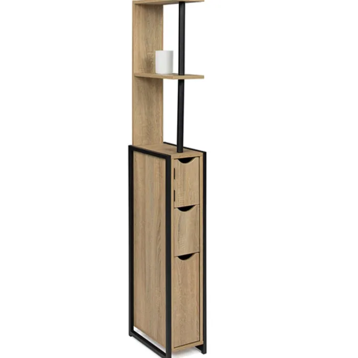 Meuble de toilette industriel bois et métal noir 3 portes avec étagères