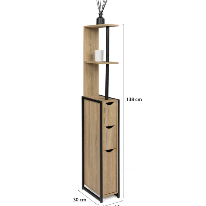 Meuble de toilette industriel bois et métal noir 3 portes avec étagères