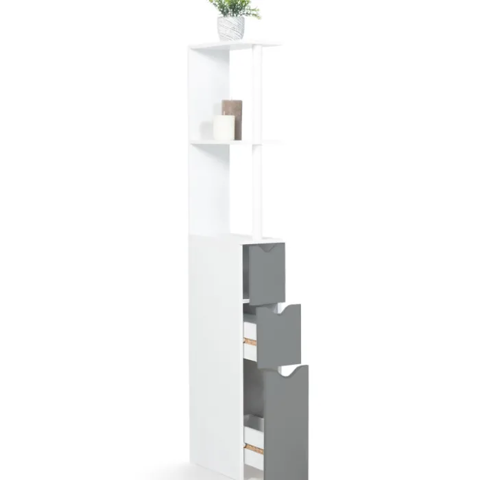 Meuble de toilettes étagère bois 3 portes blanc et gris