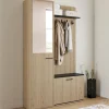 Meuble d’entrée vestiaire effet bois et noir avec banc rangement à chaussures, miroir 1 porte et étagères