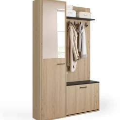 Meuble d’entrée vestiaire effet bois et noir avec banc rangement à chaussures, miroir 1 porte et étagères