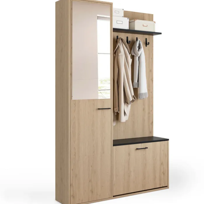 Meuble d’entrée vestiaire effet bois et noir avec banc rangement à chaussures, miroir 1 porte et étagères