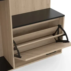 Meuble d’entrée vestiaire effet bois et noir avec banc rangement à chaussures, miroir 1 porte et étagères
