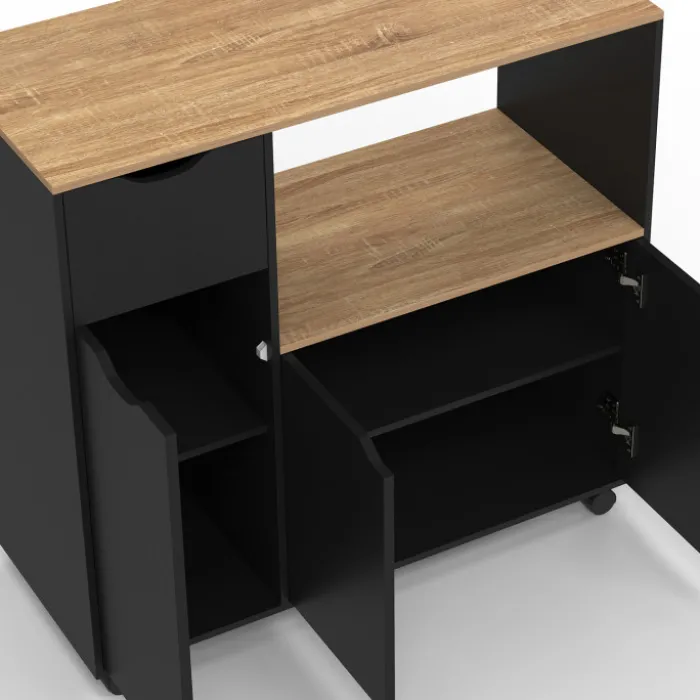 Meuble desserte XXL pour micro-ondes avec placards et tiroir bois et noir