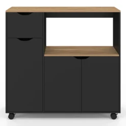 Meuble desserte XXL pour micro-ondes avec placards et tiroir bois et noir