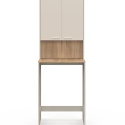 Meuble dessus de machine à laver avec placard beige et bois façon hêtre