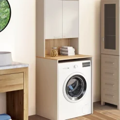 Meuble dessus de machine à laver avec placard beige et bois façon hêtre