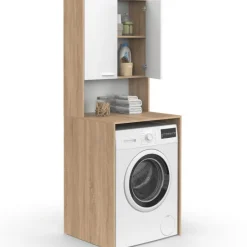 Meuble dessus de machine à laver avec placard bois façon hêtre et blanc