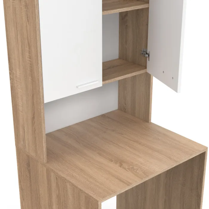 Meuble dessus de machine à laver avec placard bois façon hêtre et blanc