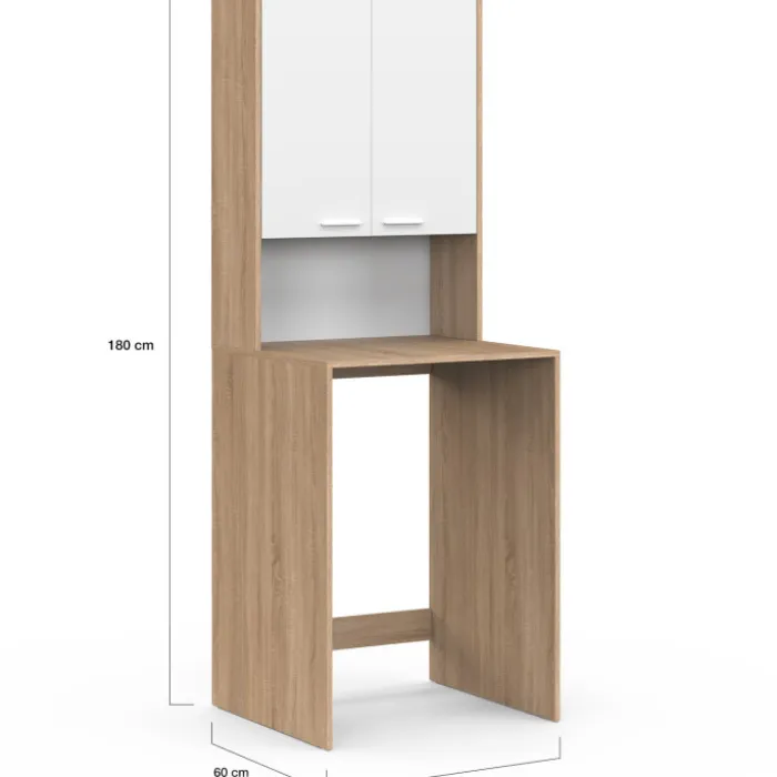 Meuble dessus de machine à laver avec placard bois façon hêtre et blanc
