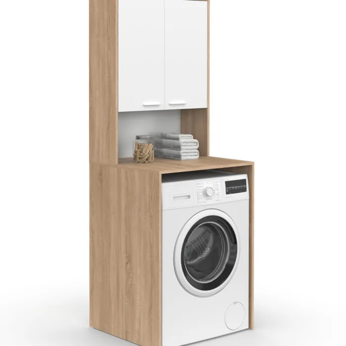Meuble dessus de machine à laver avec placard bois façon hêtre et blanc
