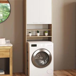 Meuble dessus machine à laver blanc et hêtre