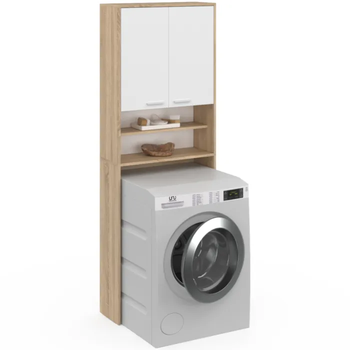 Meuble dessus machine à laver blanc et hêtre