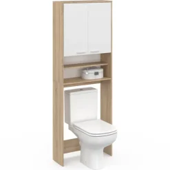 Meuble dessus machine à laver blanc et hêtre