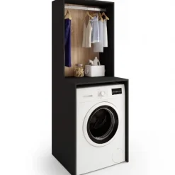 Meuble dessus machine à laver avec penderie noir et bois façon hêtre