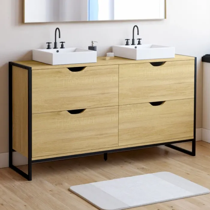 Meuble double vasque 120 cm pour salle de bain 4 tiroirs design industriel