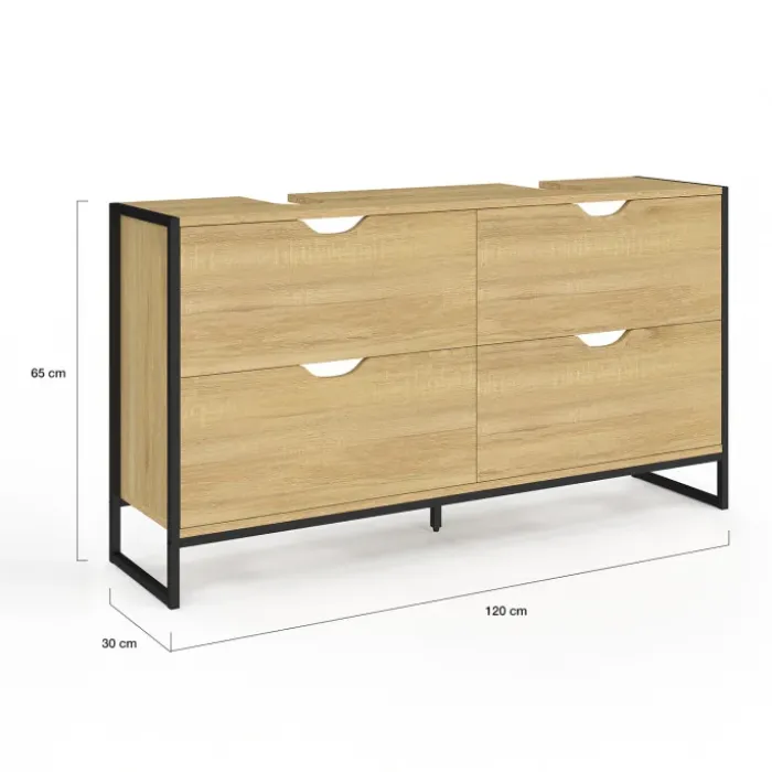 Meuble double vasque 120 cm pour salle de bain 4 tiroirs design industriel