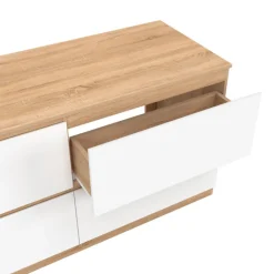 Meuble double vasque suspendu salle de bain 120 cm 4 tiroirs façon hêtre et blanc