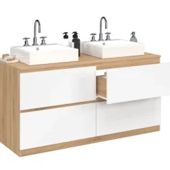 Meuble double vasque suspendu salle de bain 120 cm 4 tiroirs façon hêtre et blanc