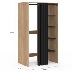Meuble pour buanderie double machine à laver 180 cm hêtre et noir avec rideau coulissant