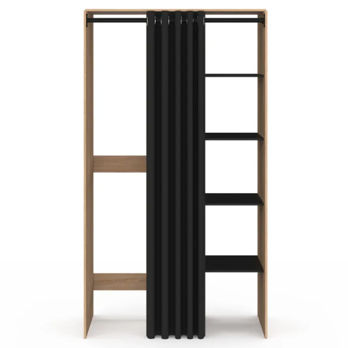 Meuble pour buanderie double machine à laver 180 cm hêtre et noir avec rideau coulissant