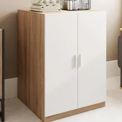 Meuble pour machine à laver avec portes blanc et bois façon hêtre