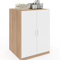 Meuble pour machine à laver avec portes blanc et bois façon hêtre