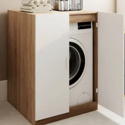 Meuble pour machine à laver avec portes blanc et bois façon hêtre