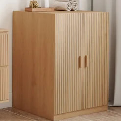 Meuble pour machine à laver avec portes effet lattes tasseau bois coloris chêne