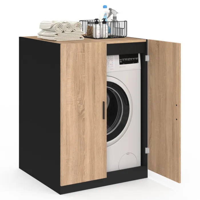 Meuble pour machine à laver avec portes noir et hêtre
