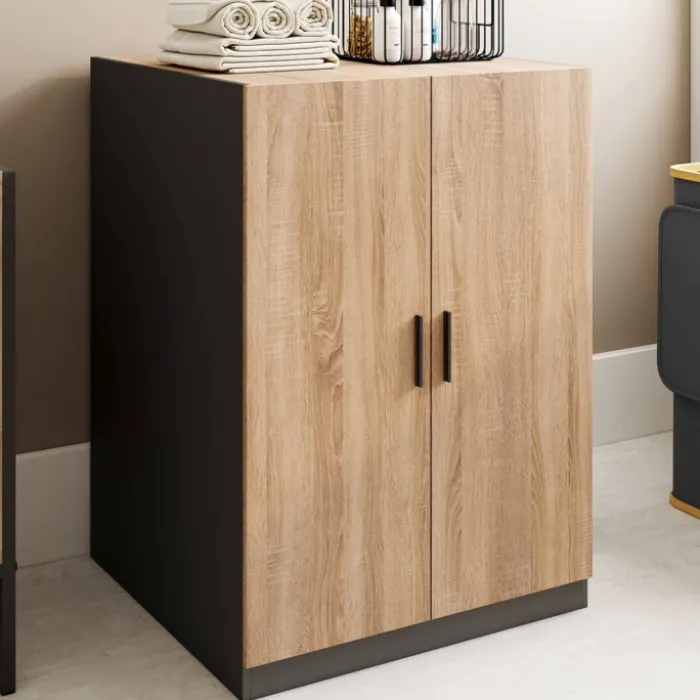 Meuble pour machine à laver avec portes noir et hêtre