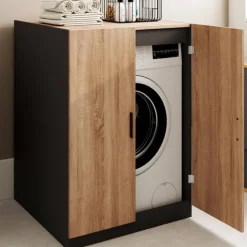 Meuble pour machine à laver avec portes noir et hêtre