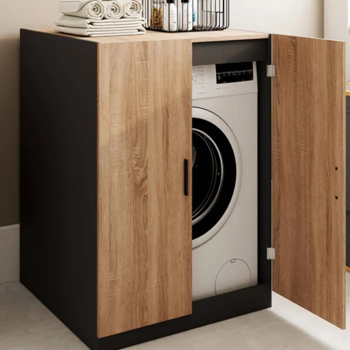Meuble pour machine à laver avec portes noir et hêtre
