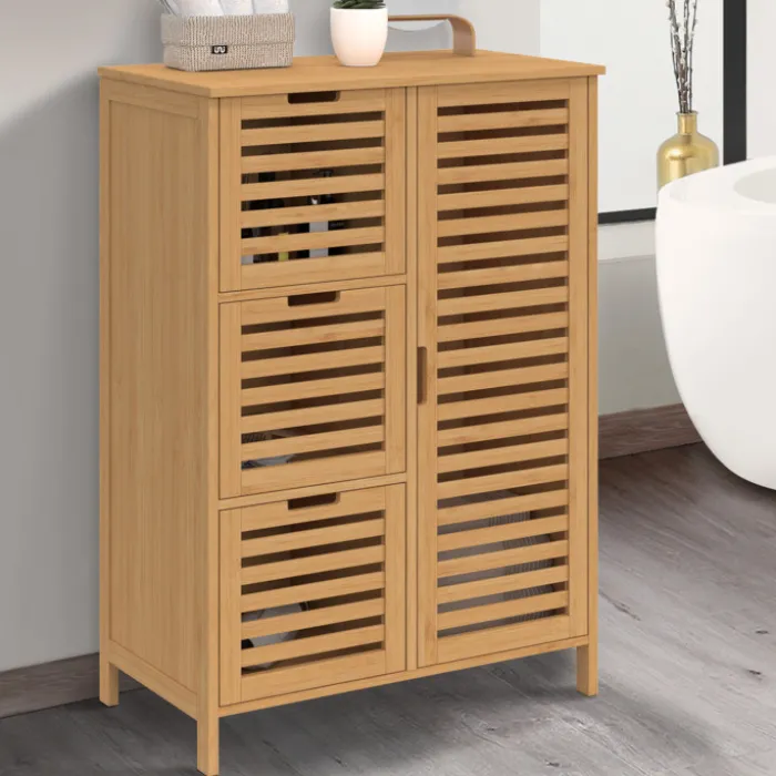 Meuble salle de bain en bambou avec placard et 3 tiroirs