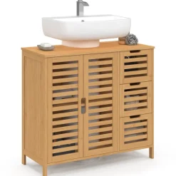 Meuble sous lavabo salle de bain bambou avec placard et 3 tiroirs