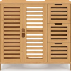 Meuble sous lavabo salle de bain bambou avec placard et 3 tiroirs