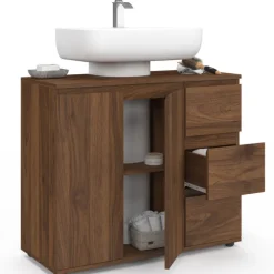 Meuble sous lavabo salle de bain avec placard et 3 tiroirs effet noyer