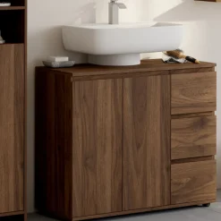 Meuble sous lavabo salle de bain avec placard et 3 tiroirs effet noyer