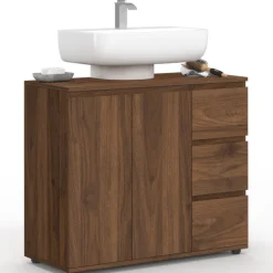 Meuble sous lavabo salle de bain avec placard et 3 tiroirs effet noyer