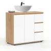 Meuble sous lavabo salle de bain avec placard et 3 tiroirs façon hêtre et blanc