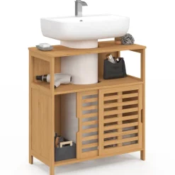 Meuble sous lavabo salle de bain bambou avec portes coulissantes