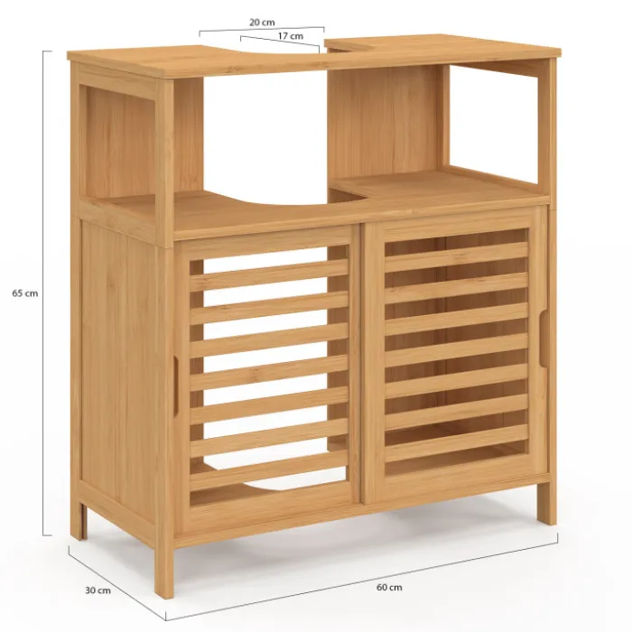 Meuble sous lavabo salle de bain bambou avec portes coulissantes