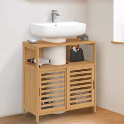 Meuble sous lavabo salle de bain bambou avec portes coulissantes