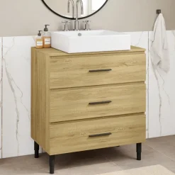 Meuble sous vasque salle de bain 80 cm 3 tiroirs façon hêtre et noir avec pieds télescopiques